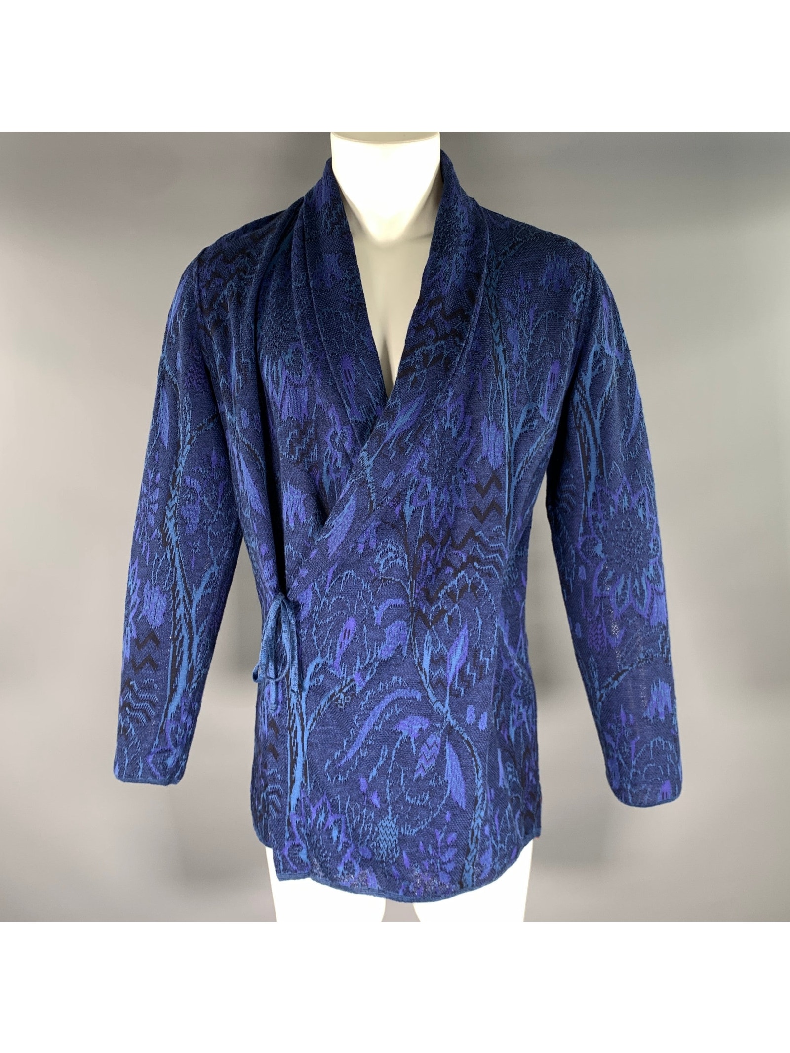 Missoni Size 38 Blue Navy Jacquard Cotton Flax Shawl Collar Jacket